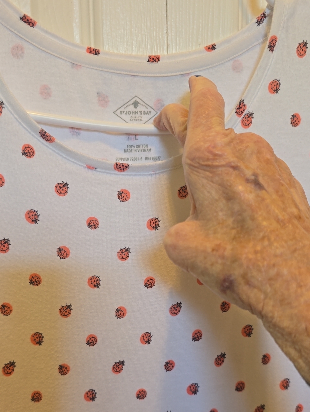 St. John's Bay White Tee with Coral Ladybug Motif